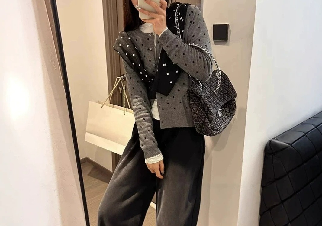 Crew Clothing Summer Jacket - Kardigan Rajut Polkadot Abu-abu Pakaian Wanita