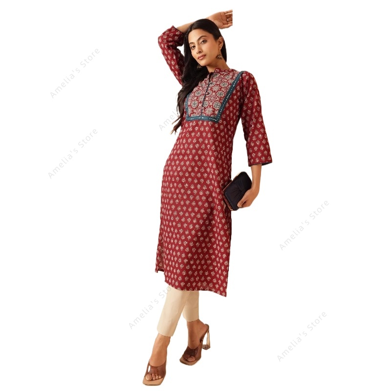 Summer Clothing Pakistan - Kurta Wanita Motif Bunga Maroon Etnik
