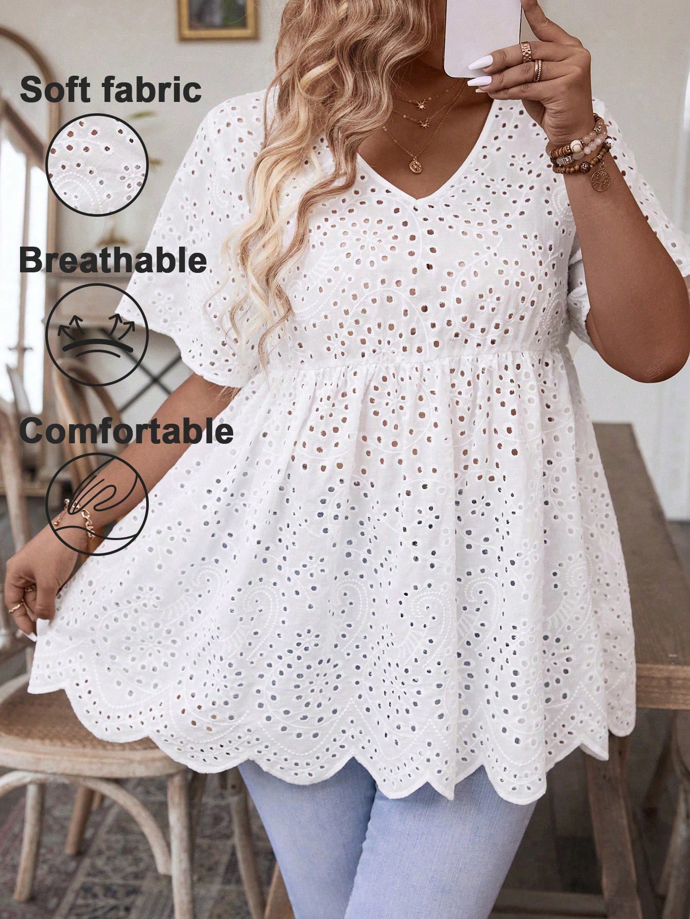 Summer Clothing Wear - Atasan Peplum Kerah V Bordir Eyelet