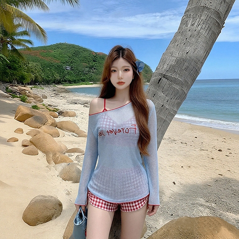 Set Bikini Wanita Biru dengan  - Swim Cover Up Mesh ulasan dan harga