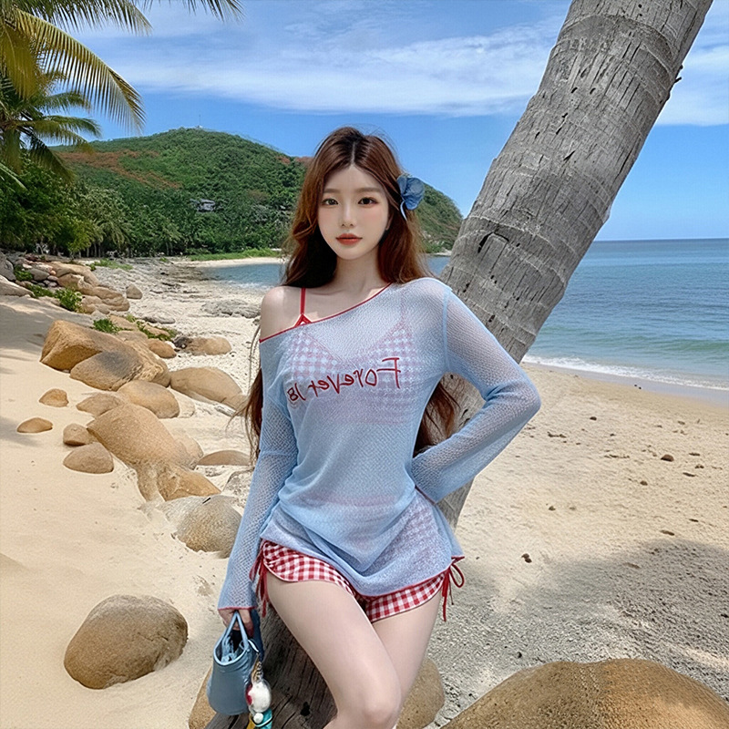 Set Bikini Wanita Biru dengan  - Swim Cover Up Mesh ulasan dan harga